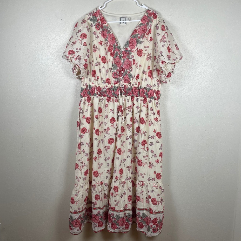 Lea Women 2X Cream Floral Cotton Midi Dress Boho Smocked Waist V-Neck Pockets
